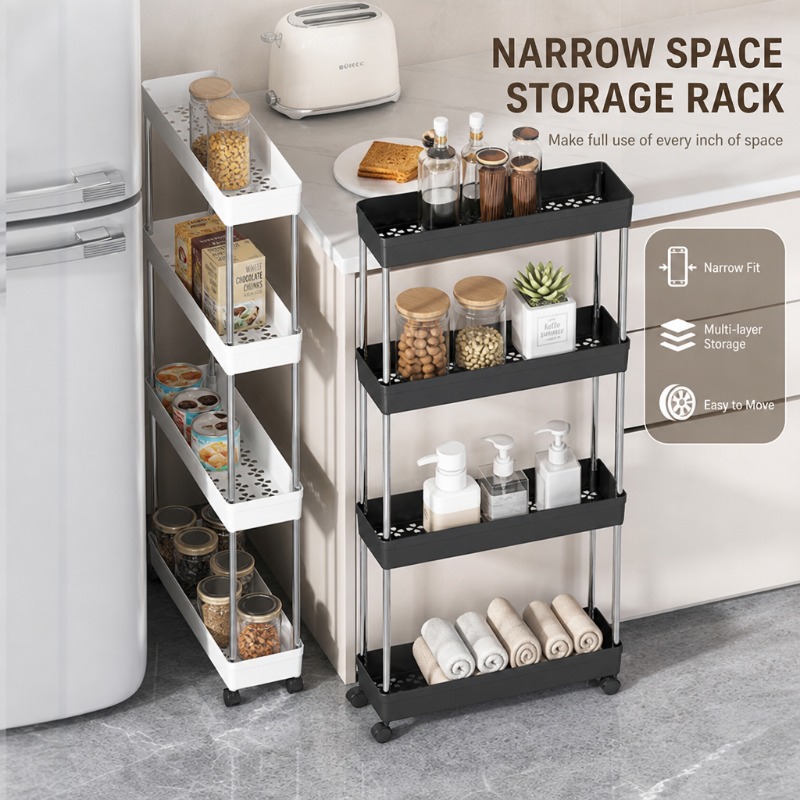 Kitchen Baking Tray Storage - 4Tier Narrow Gap Rolling Storage Cart,